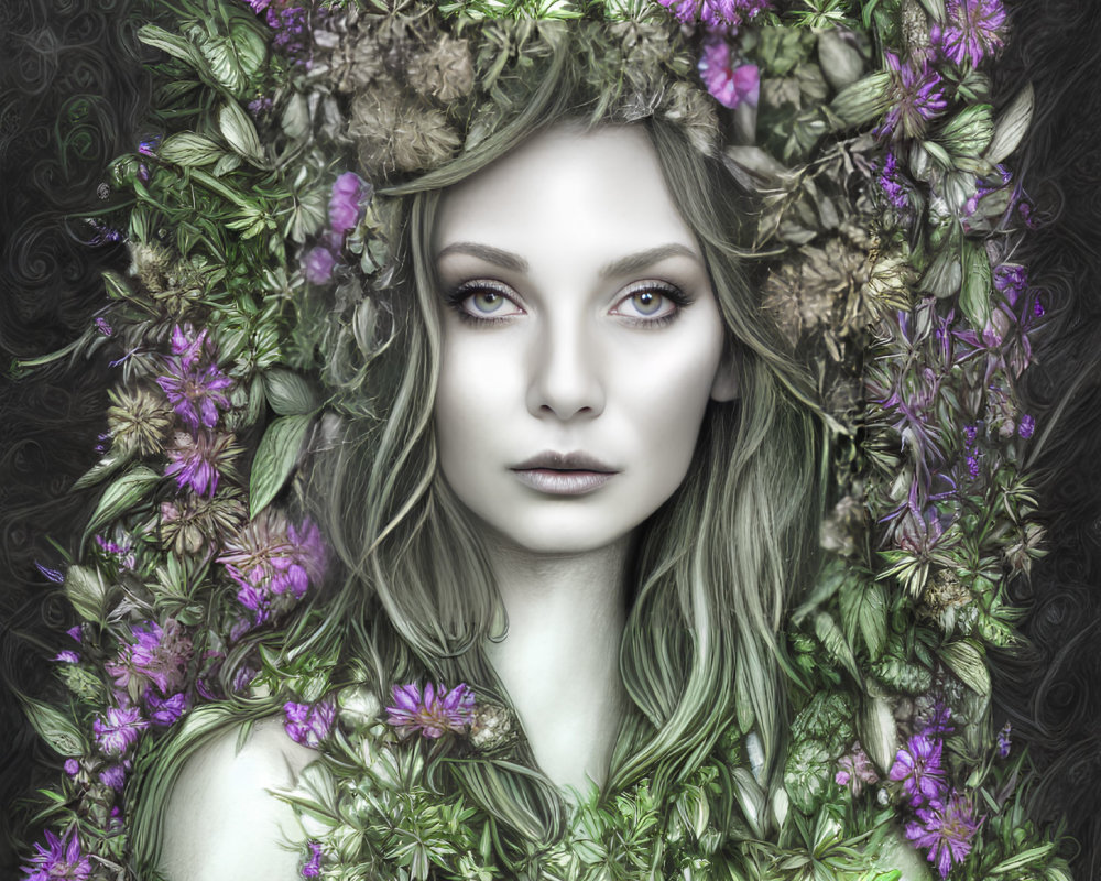 Detailed portrait of woman with purple floral wreath in blonde hair