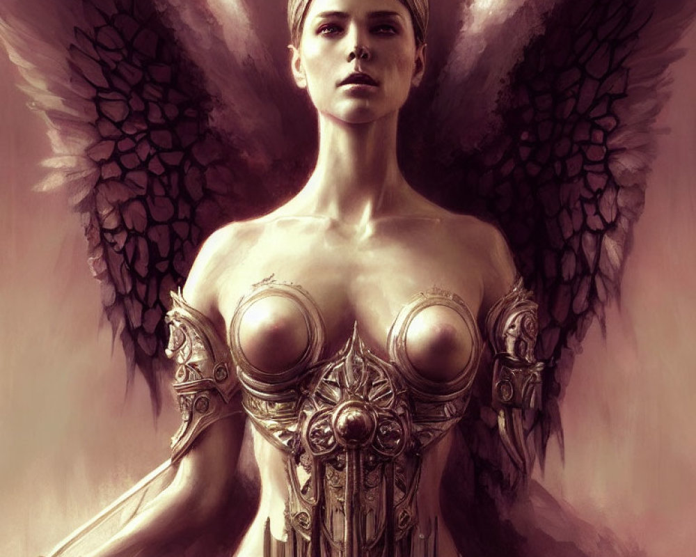 Regal female figure in metallic armor with ornate wings