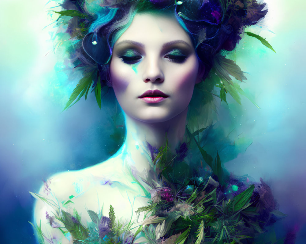 Vibrant floral surreal portrait of a mystical woman