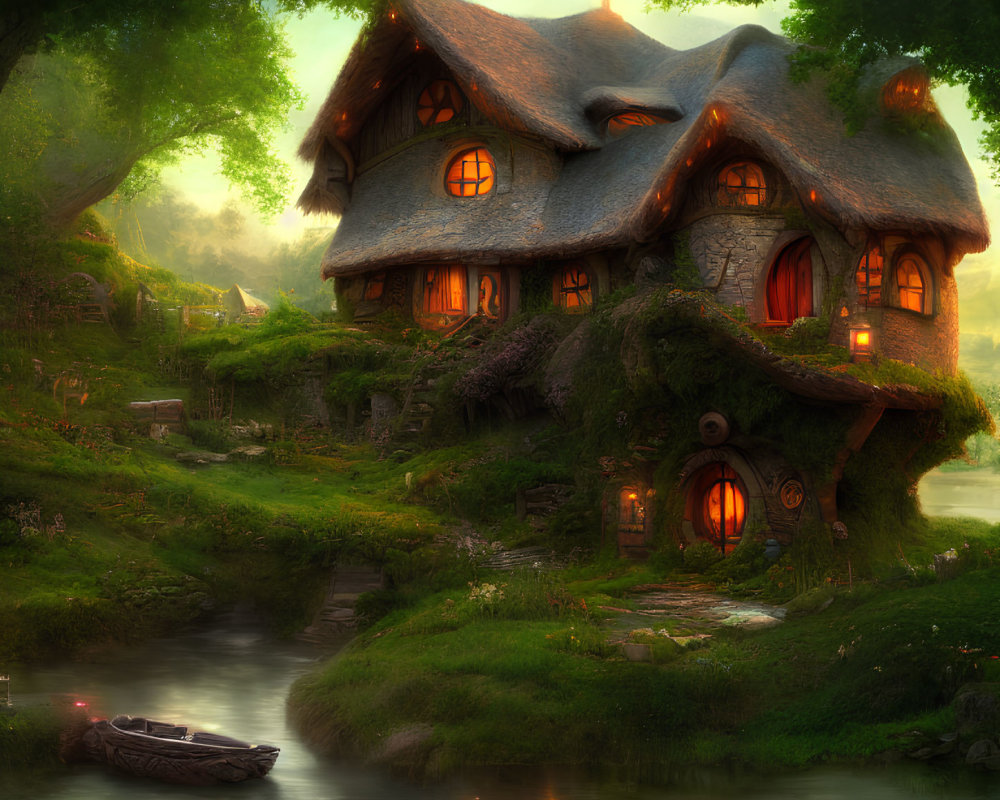 Thatched Roof Fairy-Tale Cottage in Forest by River at Sunset