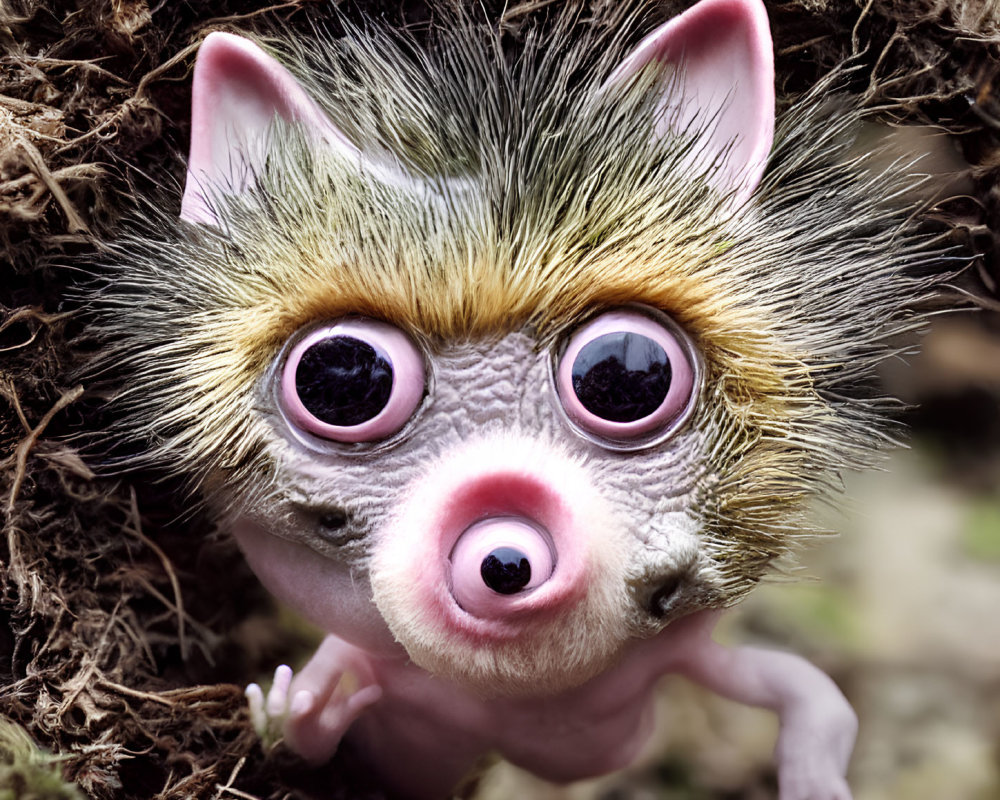 Whimsical creature with spiky back, pink eyes, and human-like hands in nest