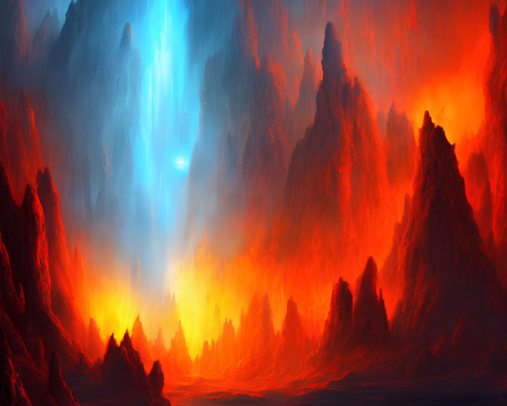 Vivid red terrain meets glowing blue portal in surreal landscape