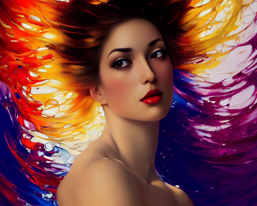 Vibrant digital artwork of woman with fiery and cool colored hair
