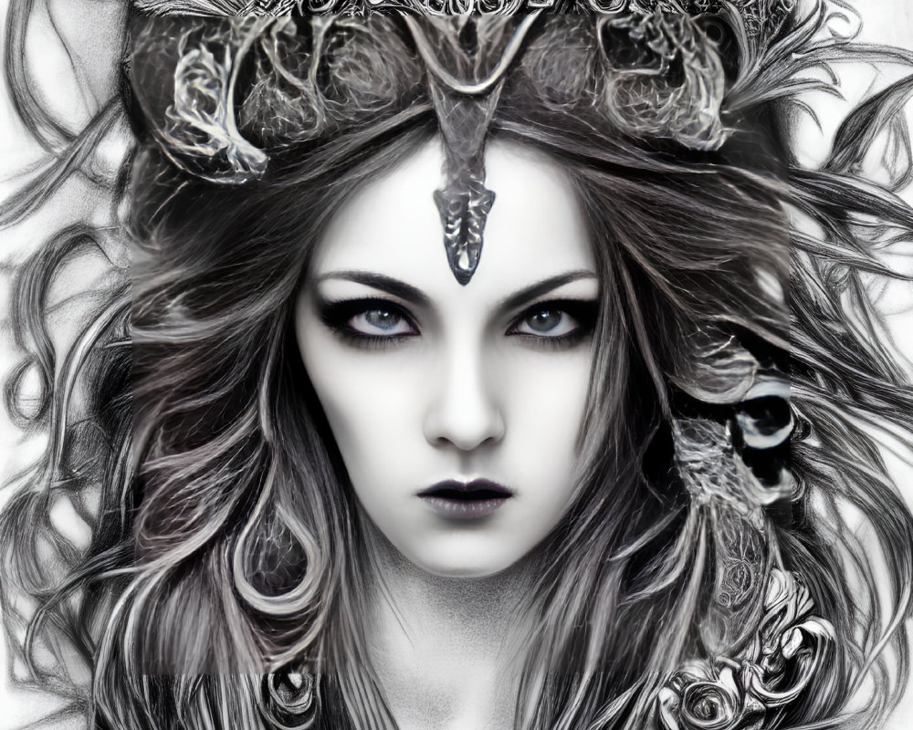 Monochrome fantasy portrait of a woman with elaborate crown and piercing gaze