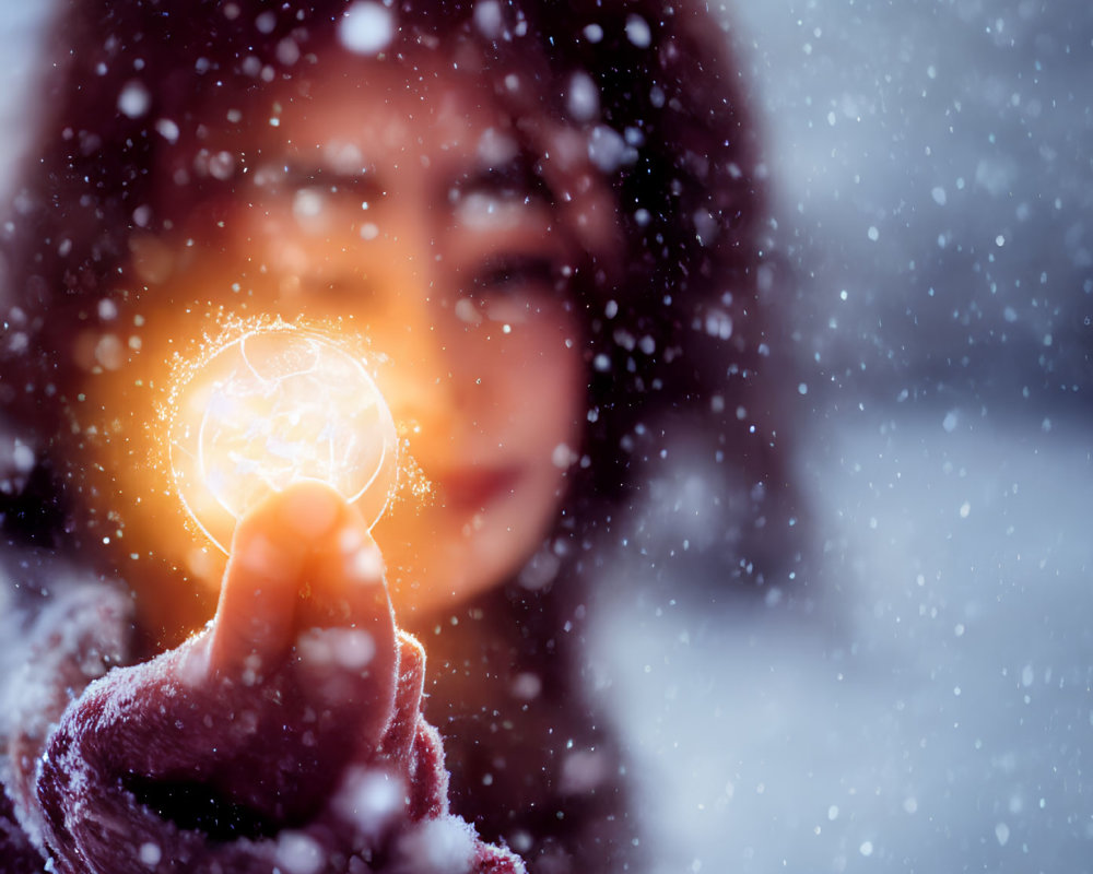Person holding glowing orb in snowy scene with falling snowflakes