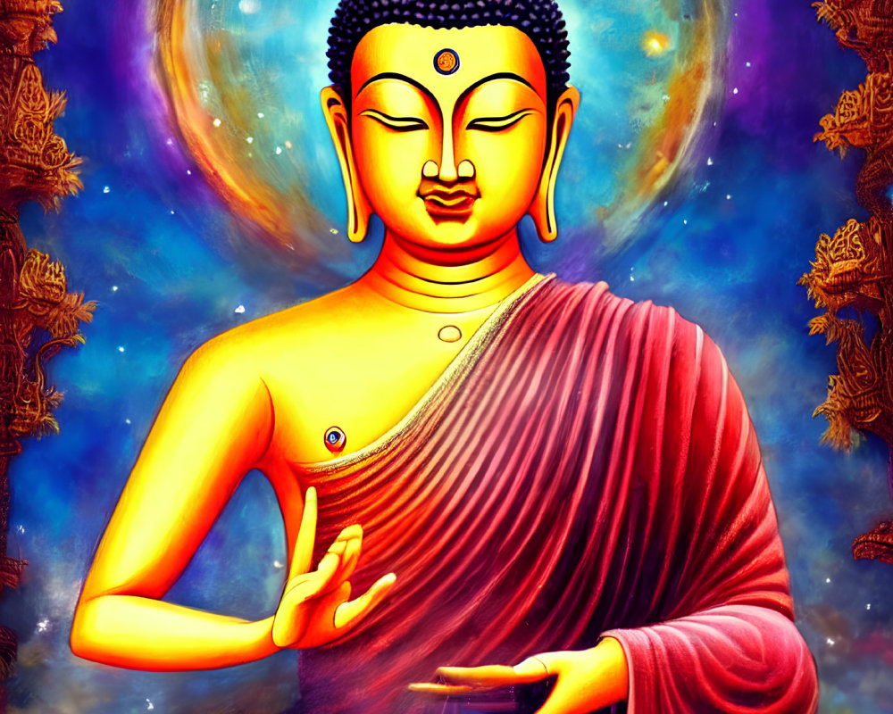 Colorful Buddha Meditation Illustration on Cosmic Blue Background