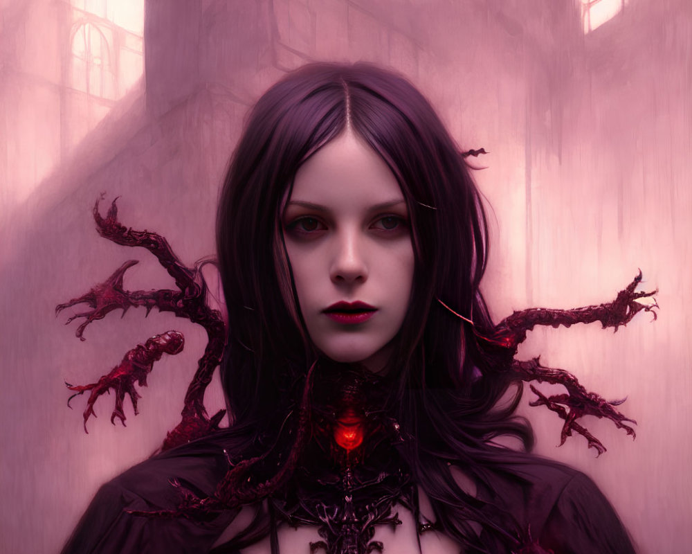Pale-skinned woman with dark hair in gothic setting with crimson vines and red amulet