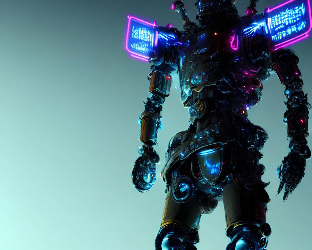 Neon Blue and Pink Futuristic Robot on Gradient Blue Background