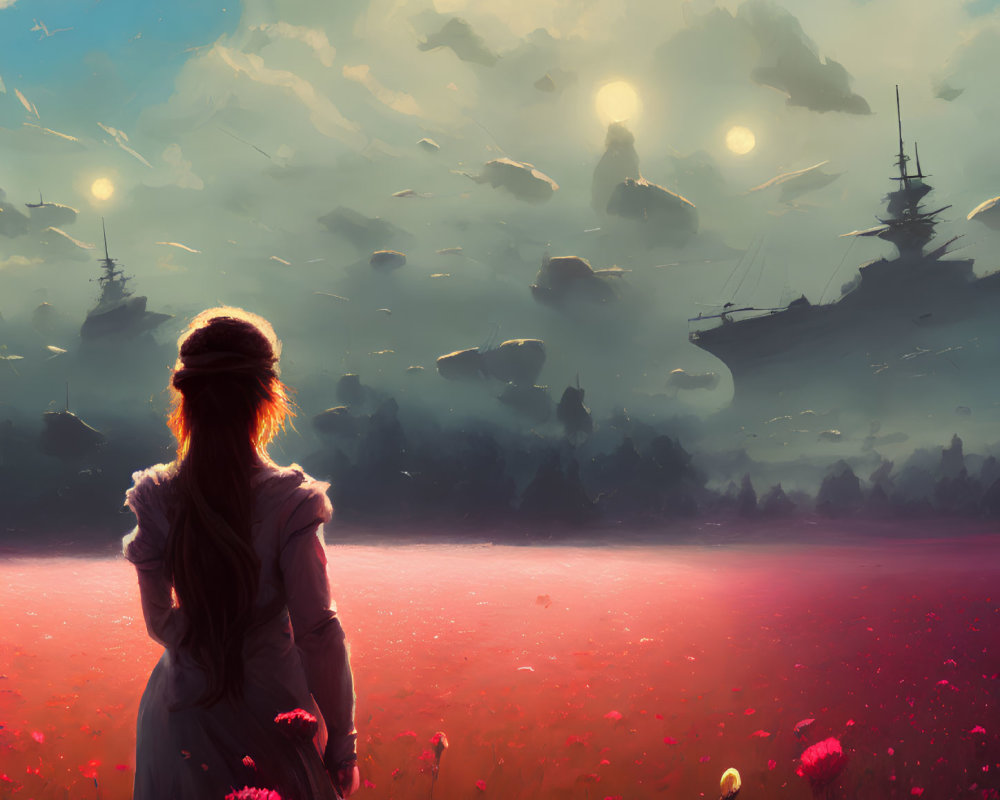 Woman gazes at surreal sky with multiple suns, floating ships, and red flowers field