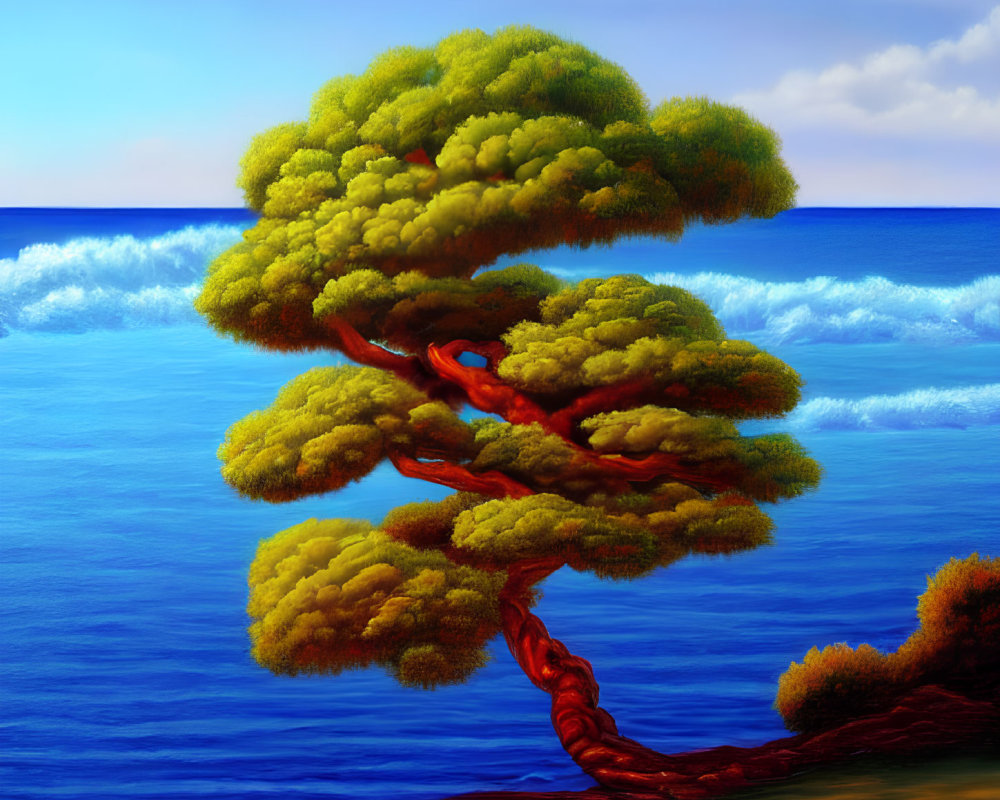 Vibrant digital painting of twisted tree on cliff overlooking calm sea