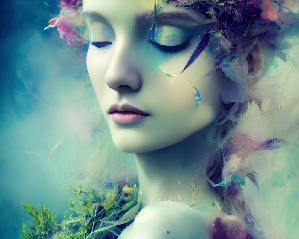 Serene woman with floral makeup in dreamlike fantasy setting