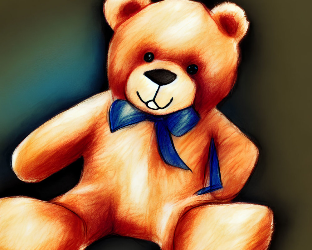 Soft plush teddy bear with blue bow tie on dark background