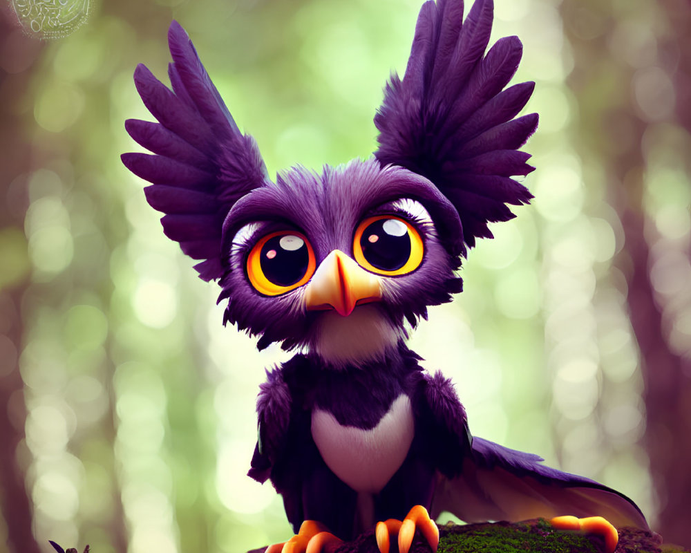 Stylized cute owl illustration on mossy branch with bokeh backdrop
