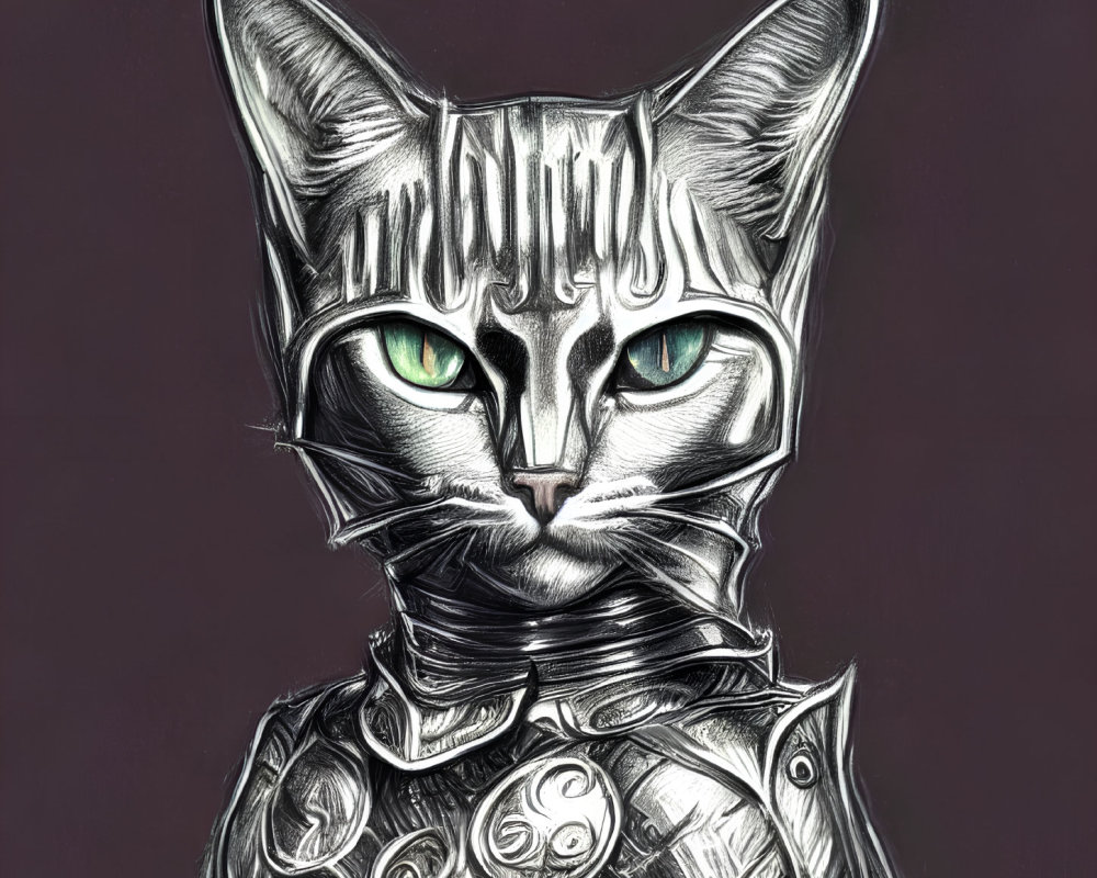 Illustration of a cat in metallic armor with human-like eyes