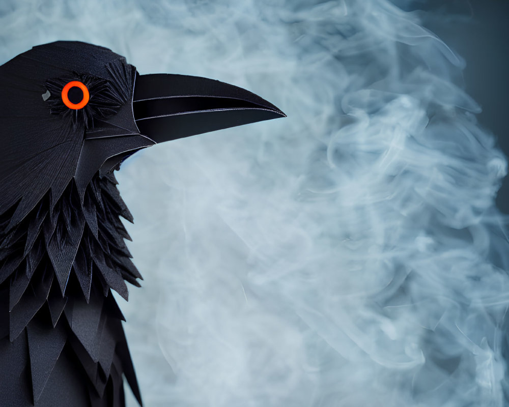 Stylized black raven sculpture with orange eye on blue background