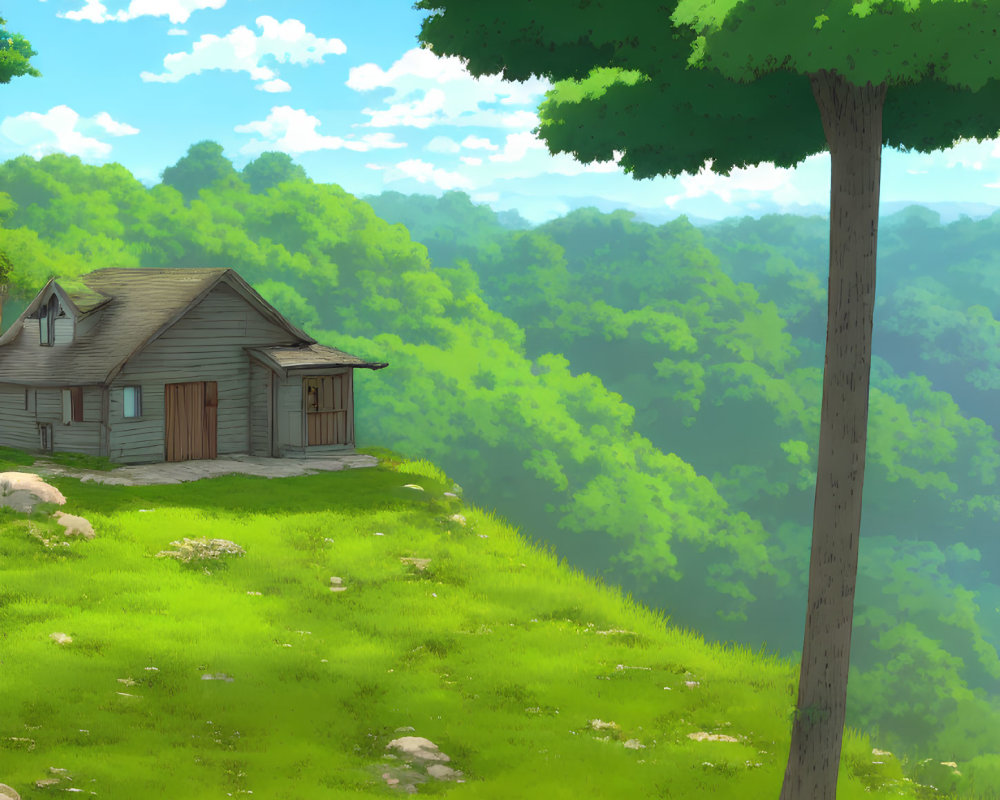 Tranquil landscape with wooden cabin, green forest, and blue sky