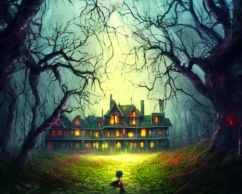 Spooky night scene: child near eerie, glowing house