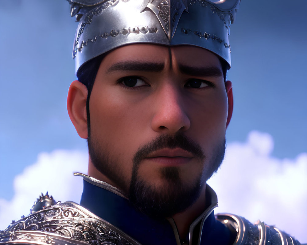 Detailed 3D animated male character with silver crown and armor against cloudy sky
