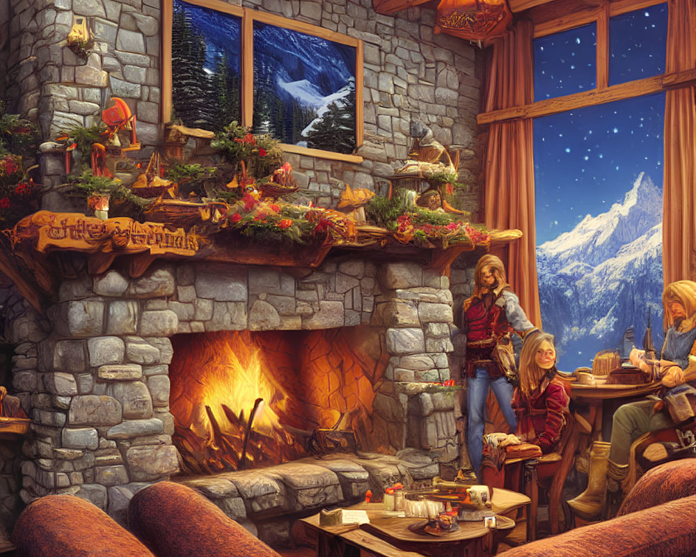 Mountain cabin interior with stone fireplace, people enjoying warm drinks, and snowy night view.