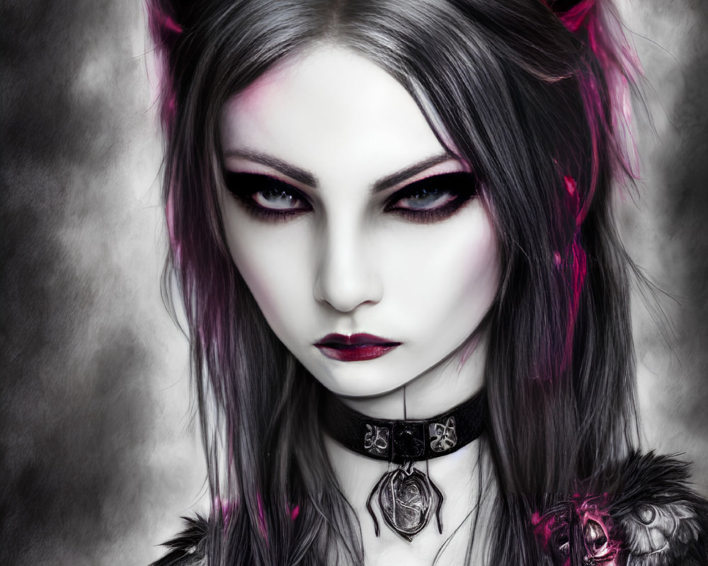 Pale woman with purple eyes, dark makeup, cat-like ears, choker, gothic fantasy aesthetic