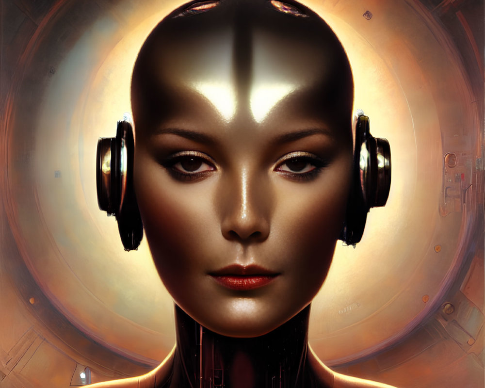Detailed humanoid robot with metallic skin and sci-fi headgear on circular backdrop