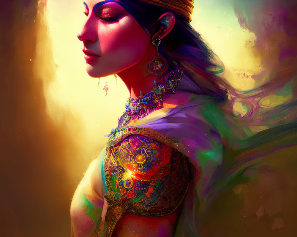 Regal woman with golden crown and colorful background