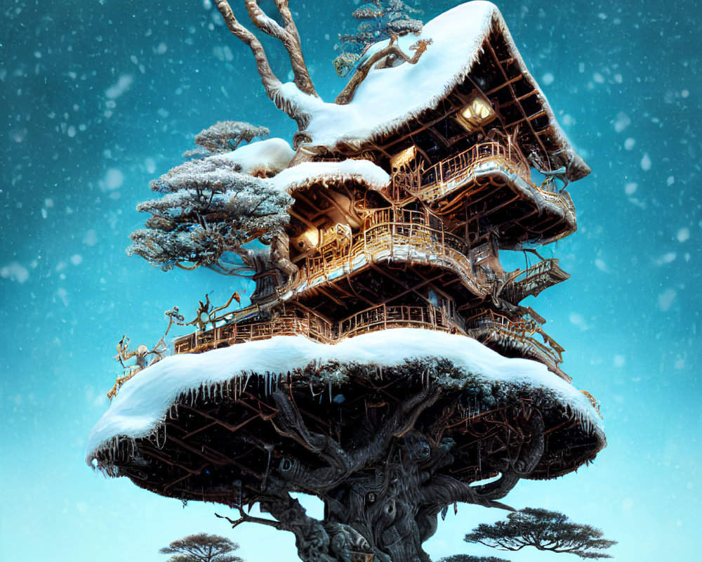 Snow-covered multi-level treehouse in giant tree under blue snowy sky