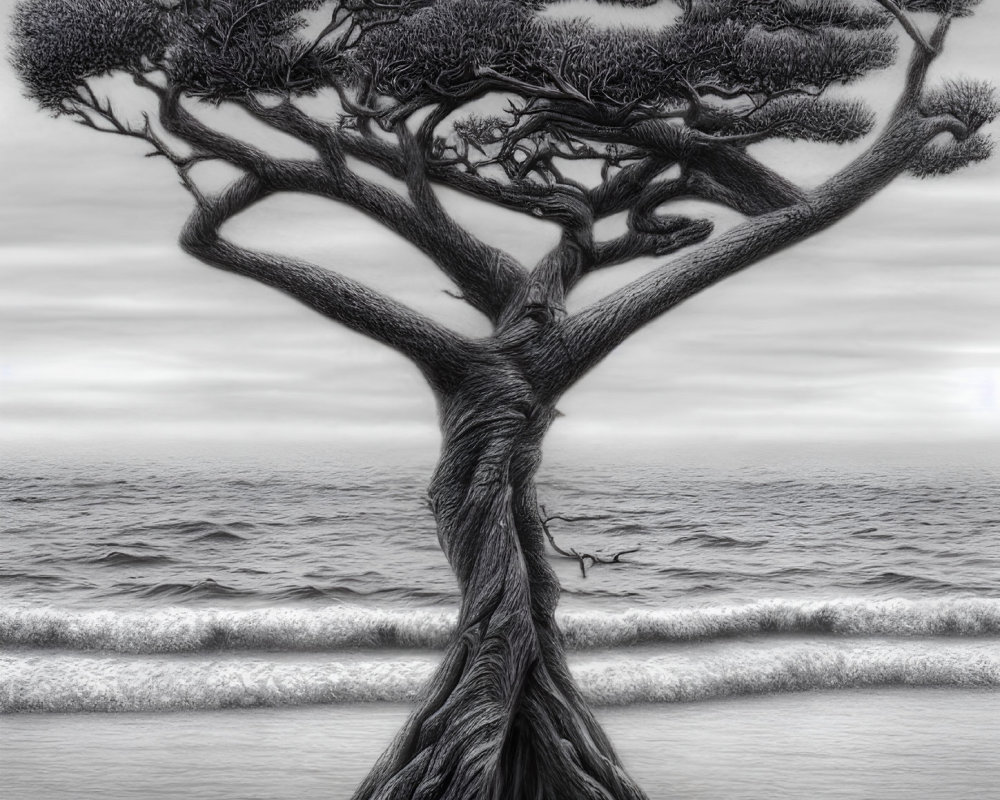 Solitary tree with intricate branches against calm sea and overcast sky