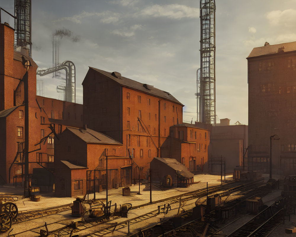 Urban industrial railway yard with tracks and warehouses at golden hour