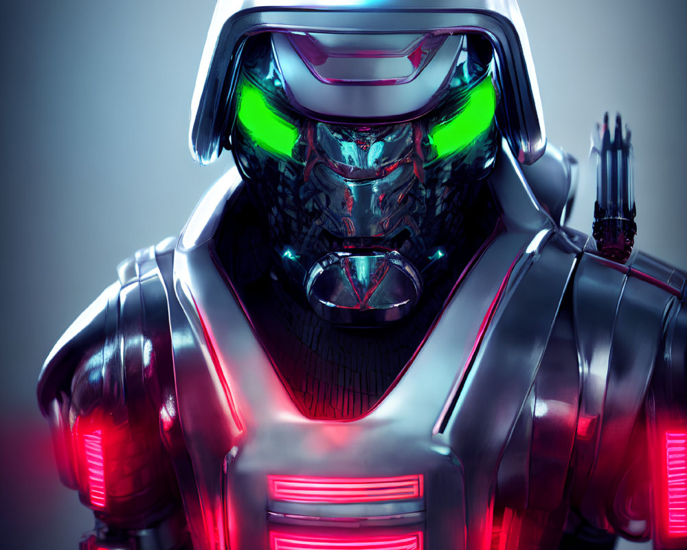 Futuristic robot with metallic armor and illuminated visor