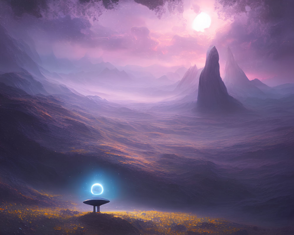 Fantasy landscape at dusk with glowing orb, yellow flowers, mountains, starlit sky