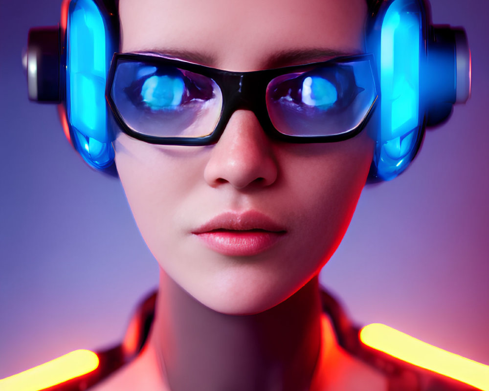 Futuristic person in glowing blue glasses and neon headphones on purple background