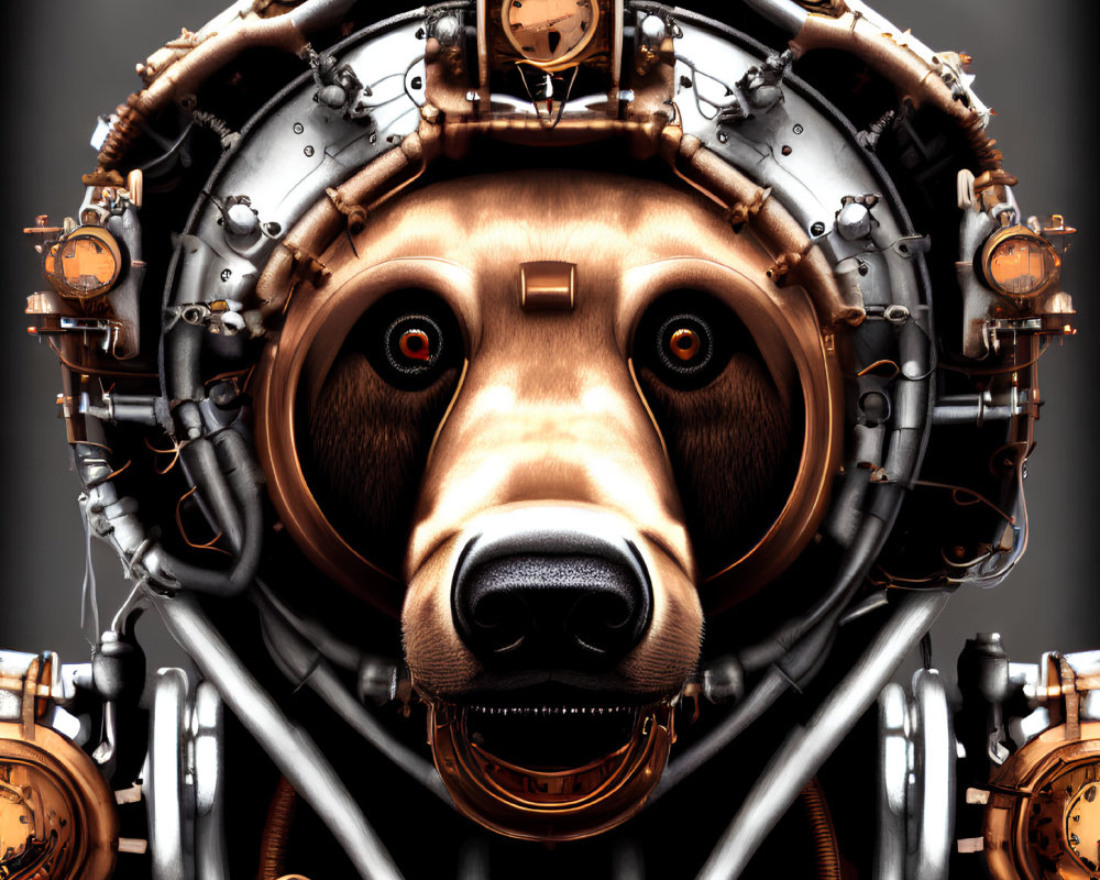 Steampunk Style Dog Head Artwork with Mechanical Gears on Gray Background