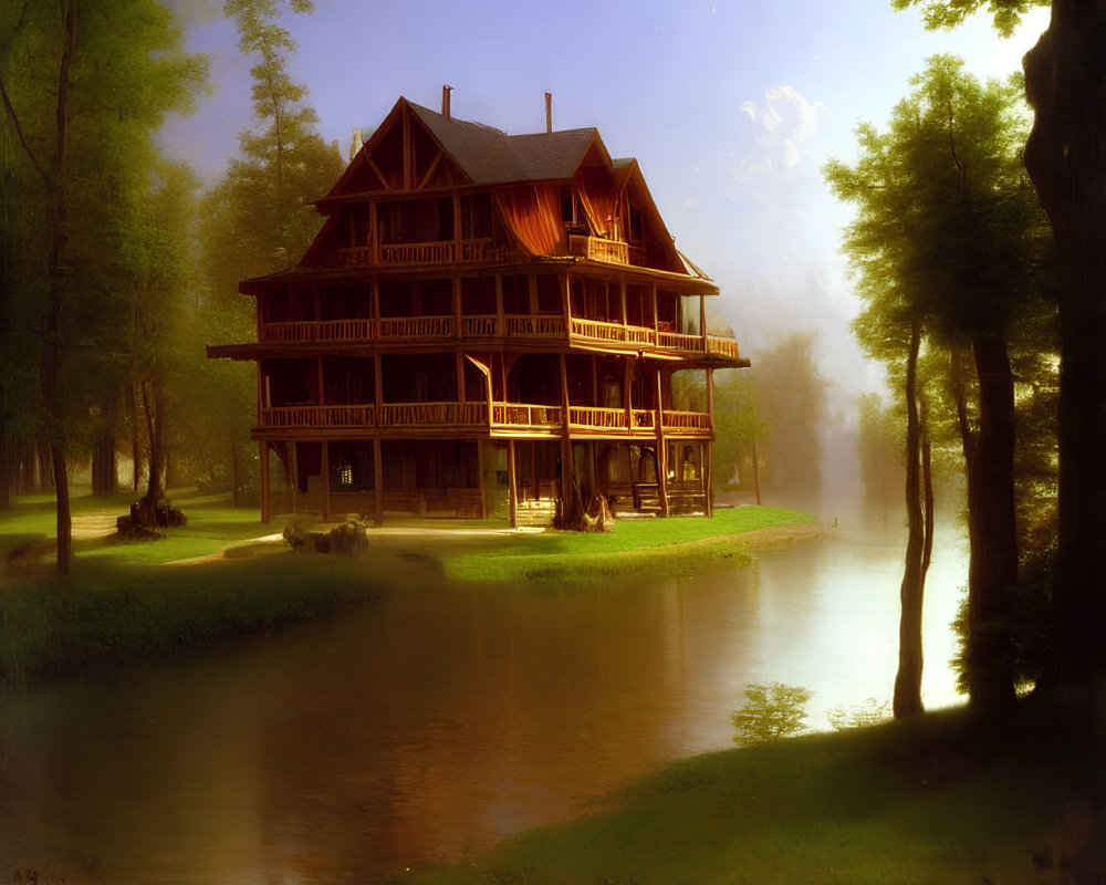Large wooden house with balconies by river in misty setting
