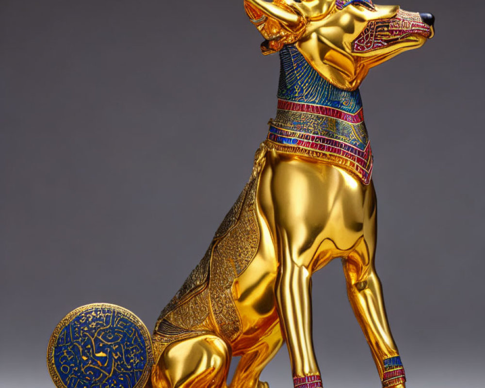 Golden Seated Anubis Statue with Egyptian Patterns and Circular Symbol
