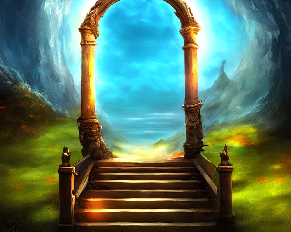 Stone archway atop staircase leading to luminous portal against swirling sky