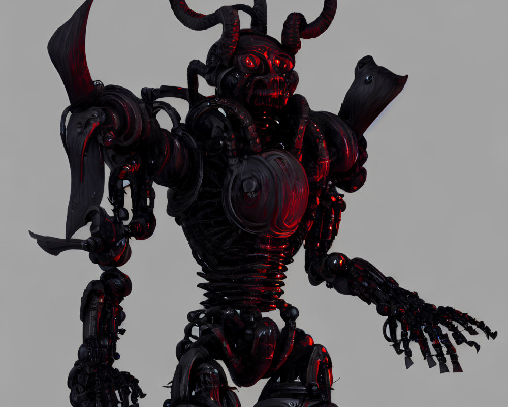 Horned robotic creature with red eyes and intricate armor