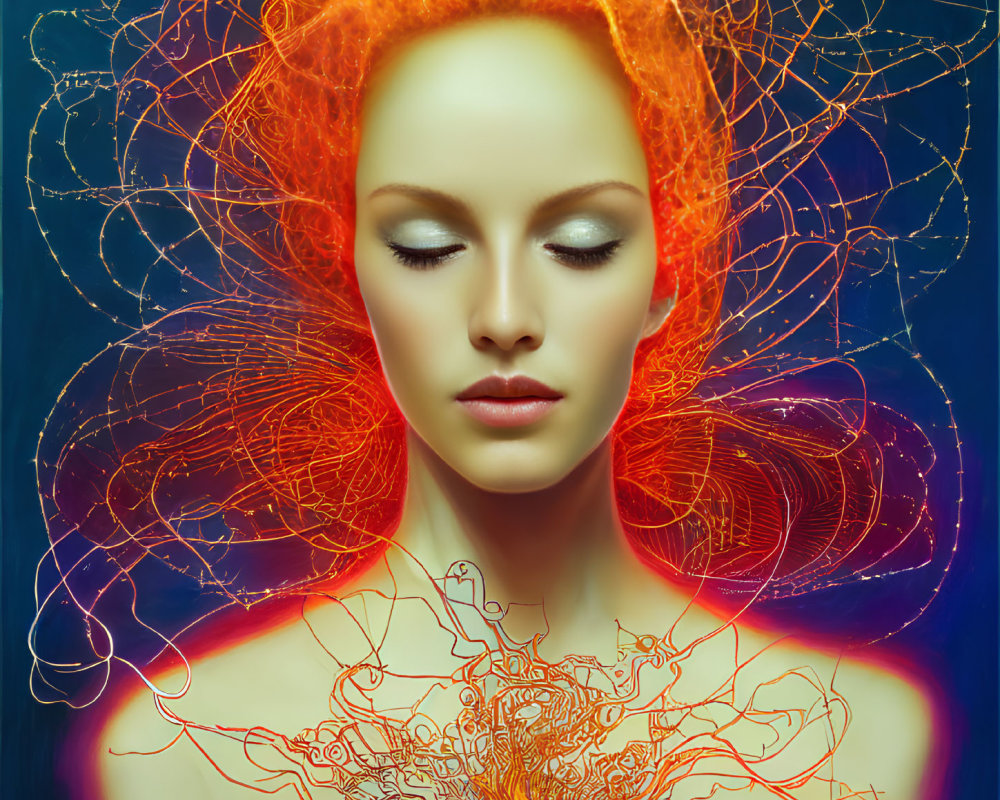 Surreal portrait of woman with glowing orange neural network patterns on blue background