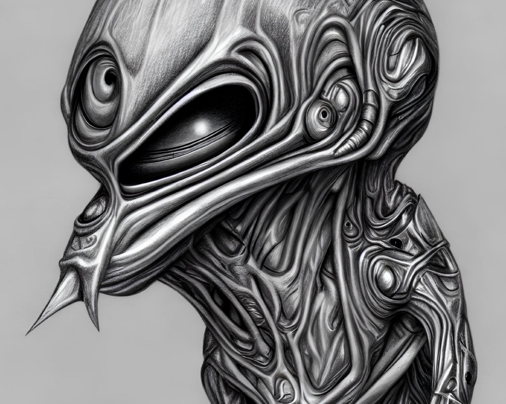 Detailed Monochrome Alien Illustration with Biomechanical Features