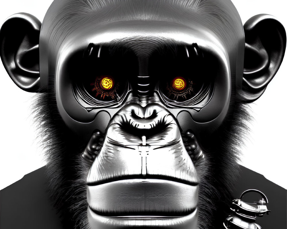 Detailed monochrome gorilla illustration with glowing red eyes and cybernetic enhancements