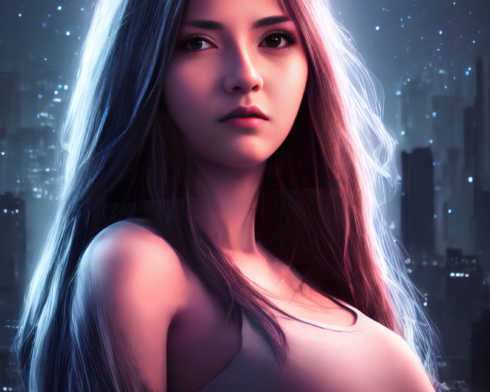 Digital art portrait of woman with glowing white hair in futuristic cityscape at night