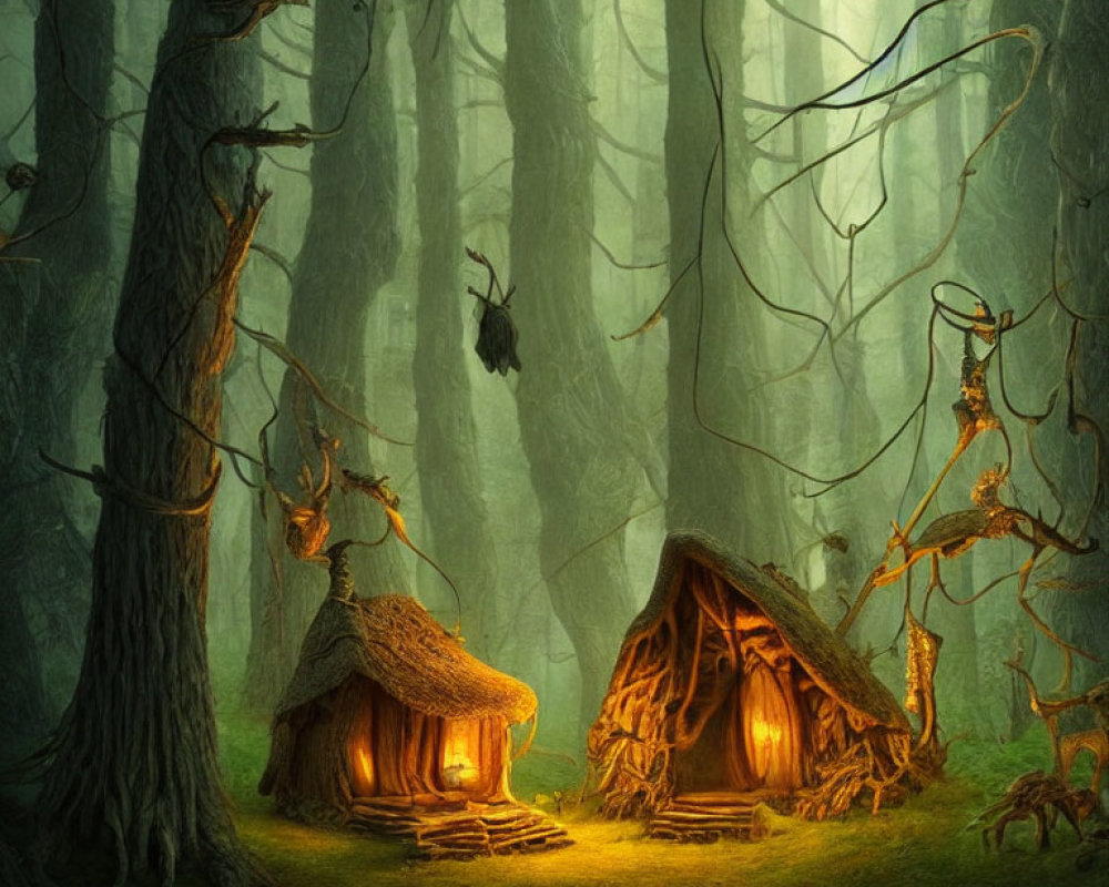 Enchanting forest scene with two whimsical thatched huts among misty towering trees