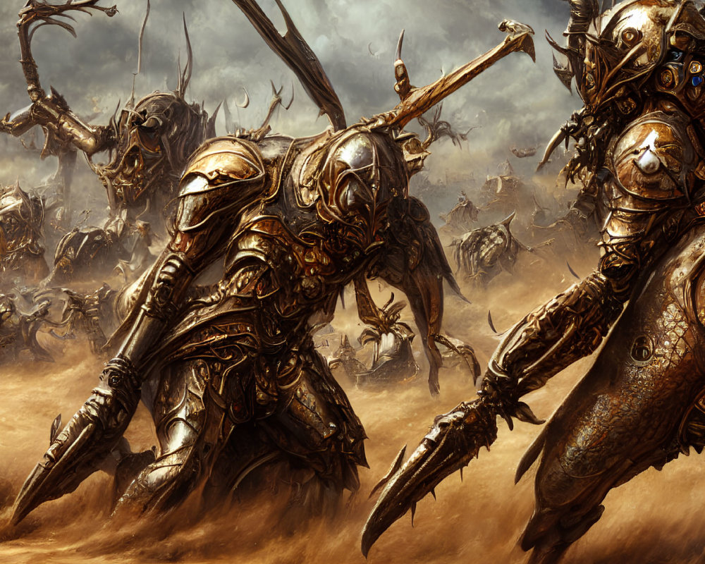 Armored warriors clash with arthropod enemies under tumultuous sky