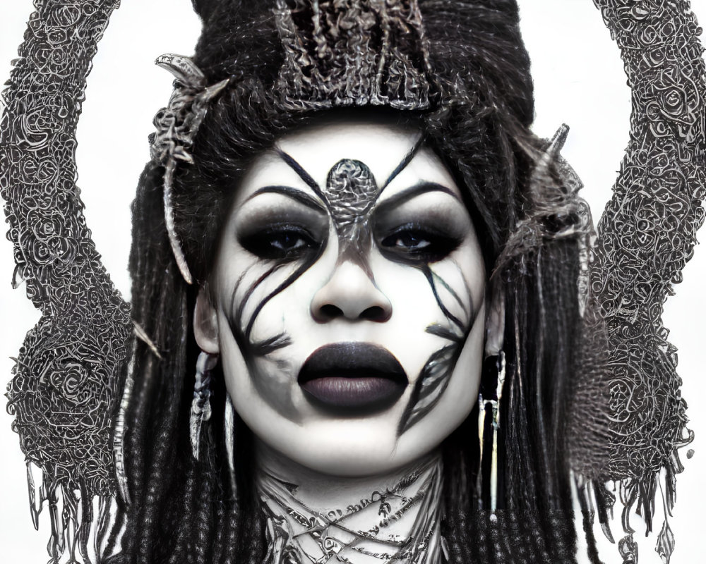 Elaborate Black and White Theatrical Makeup with Intricate Headpiece