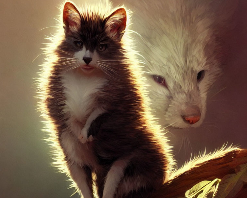 Realistic digital painting of small fluffy brown and white kitten with large ethereal white cat reflection