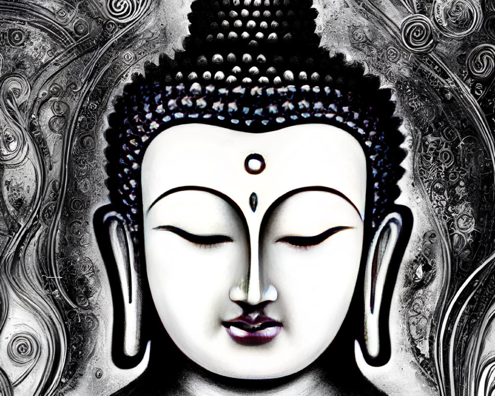 Serene Buddha face art with monochrome patterned background