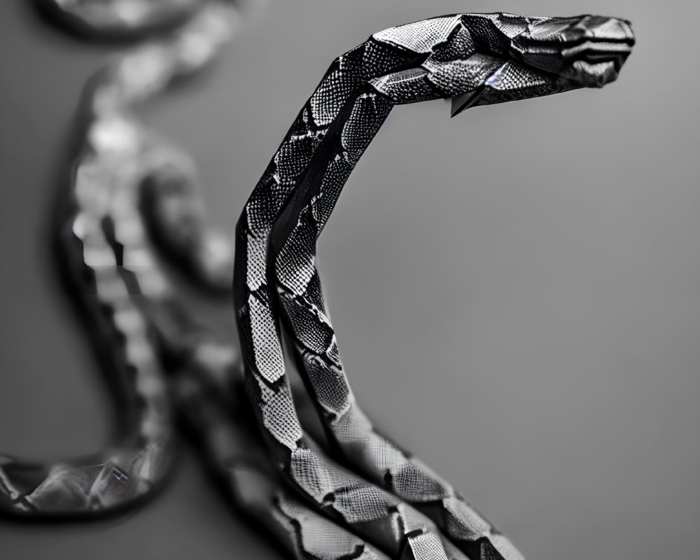 Monochrome close-up of textured snake scales and curved body