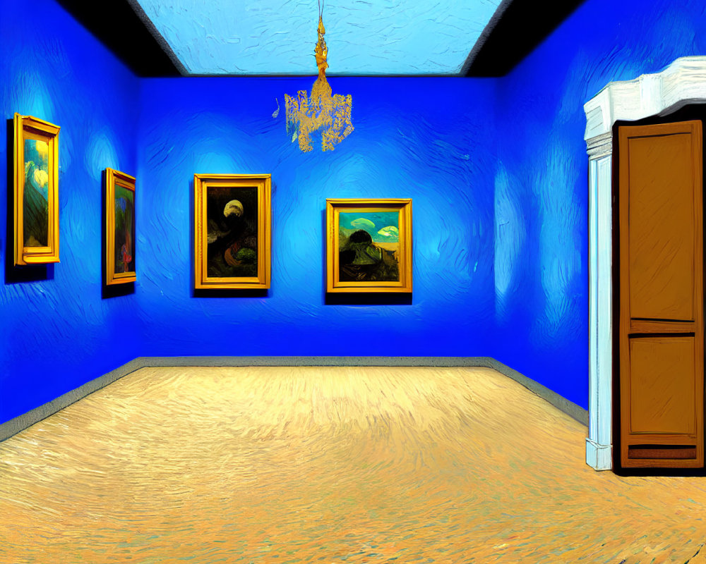 Bright Van Gogh-style art gallery painting with blue walls and golden floors