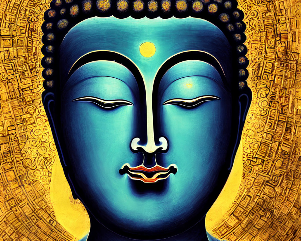 Colorful Buddha face illustration with blue skin and golden halo