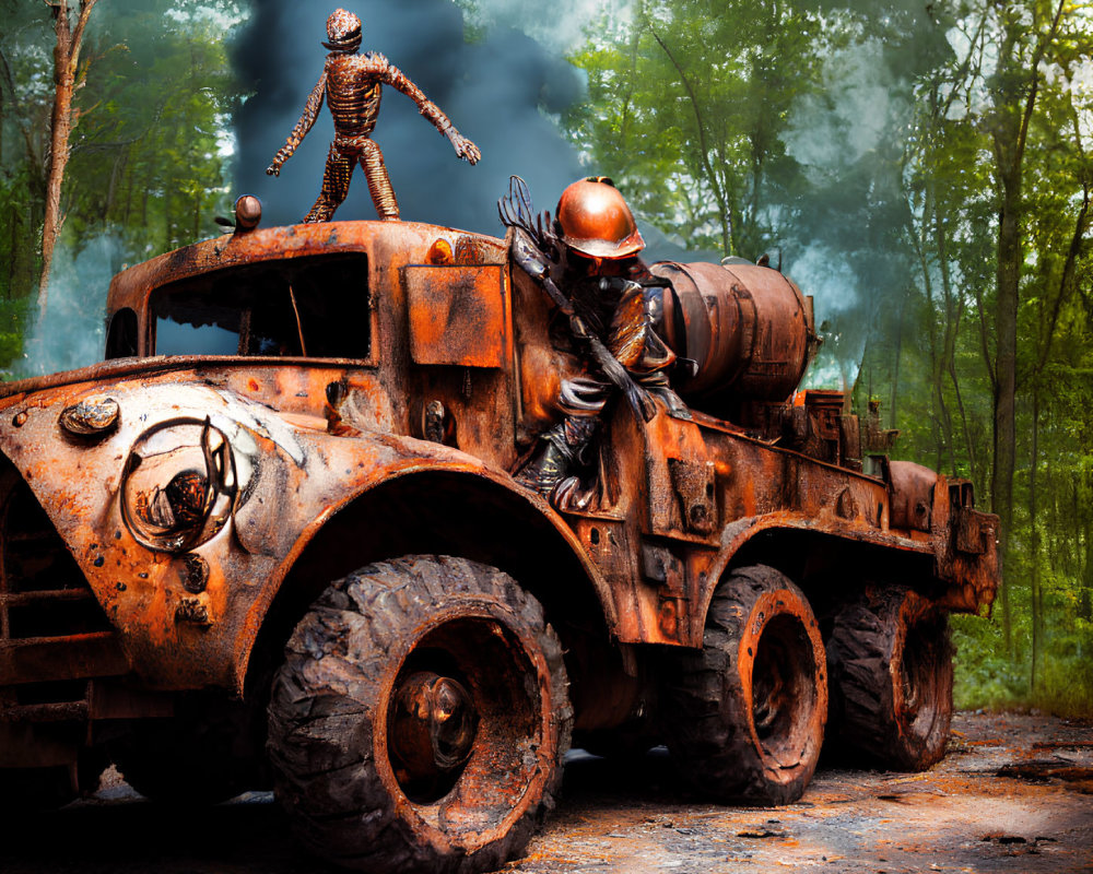 Abandoned rusty truck with large tires in forest with skeleton and mysterious figure